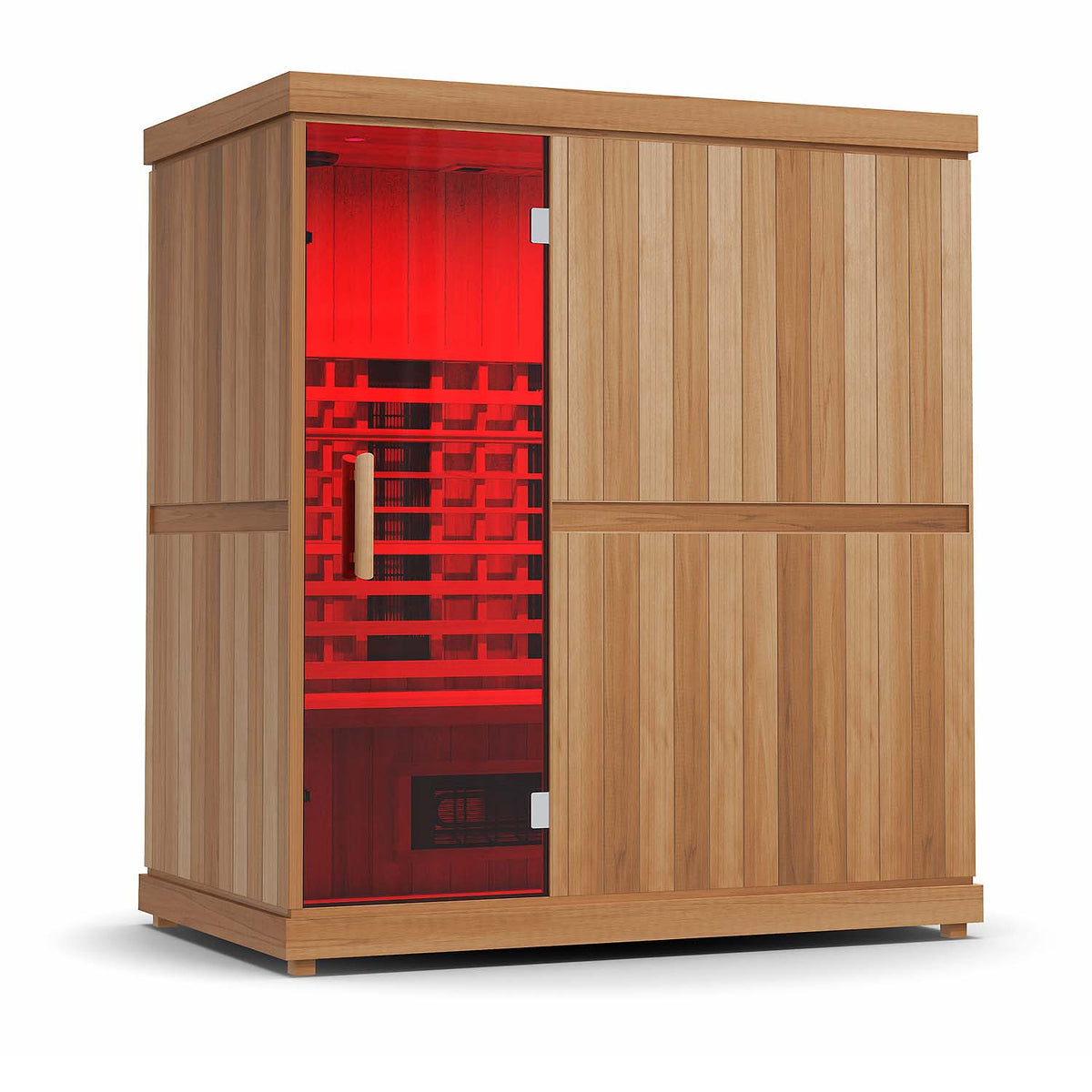 Finnmark FD-3 infrared sauna with the Spectrum LED ceiling lights set to red