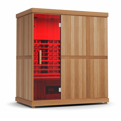 Finnmark FD-3 infrared sauna with the Spectrum LED ceiling lights set to red