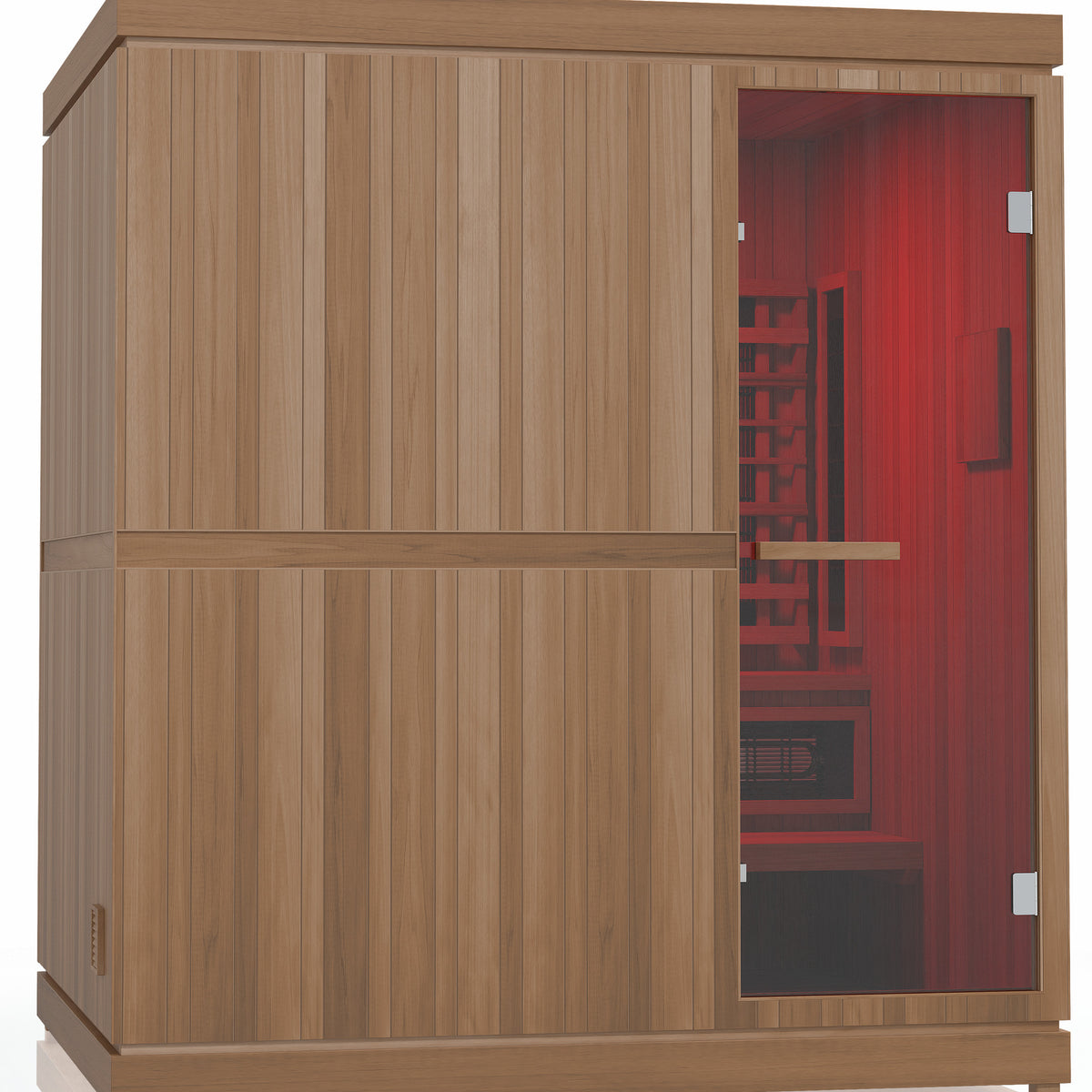Finnmark FD-5 Trinity XL sauna with the Spectrum LED ceiling lights set to red