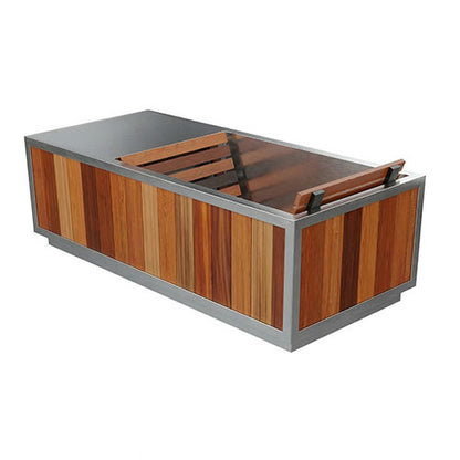 Finnmark SoulCold plunge tub on a white background with the cedar cover slats laid across the stainless rim