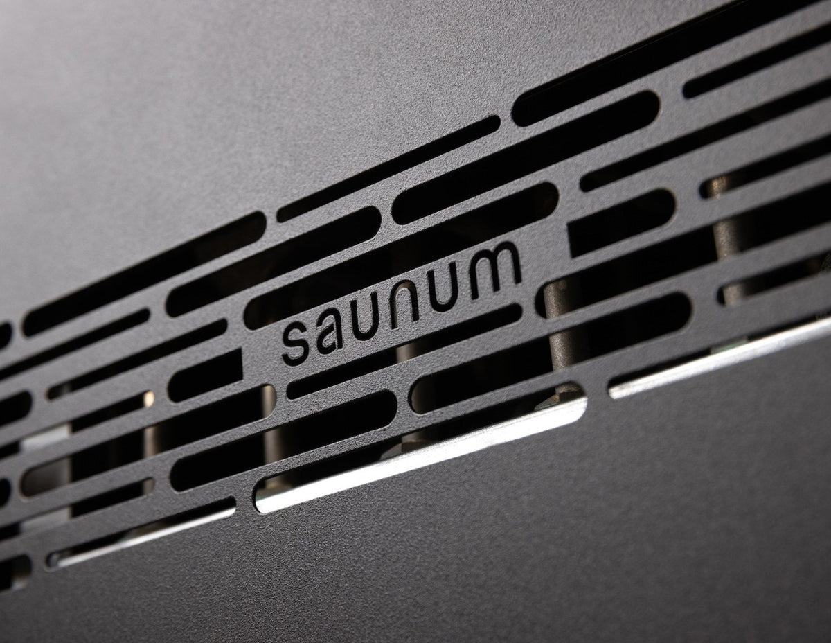 Close-up of the Saunum Air Perfect 7 side air vents with the Saunum wordmark