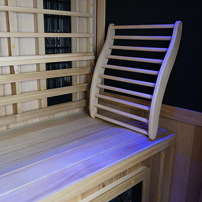 Ergonomic backrest and under bench lighting inside the Finnmark FD-1 infrared sauna