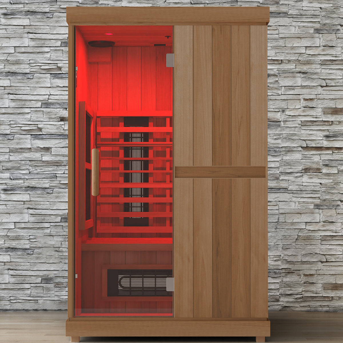 Finnmark FD-2 infrared sauna with the Spectrum LED ceiling lights set to red