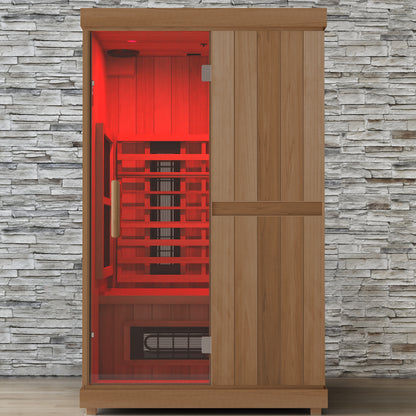 Finnmark FD-2 infrared sauna with the Spectrum LED ceiling lights set to red