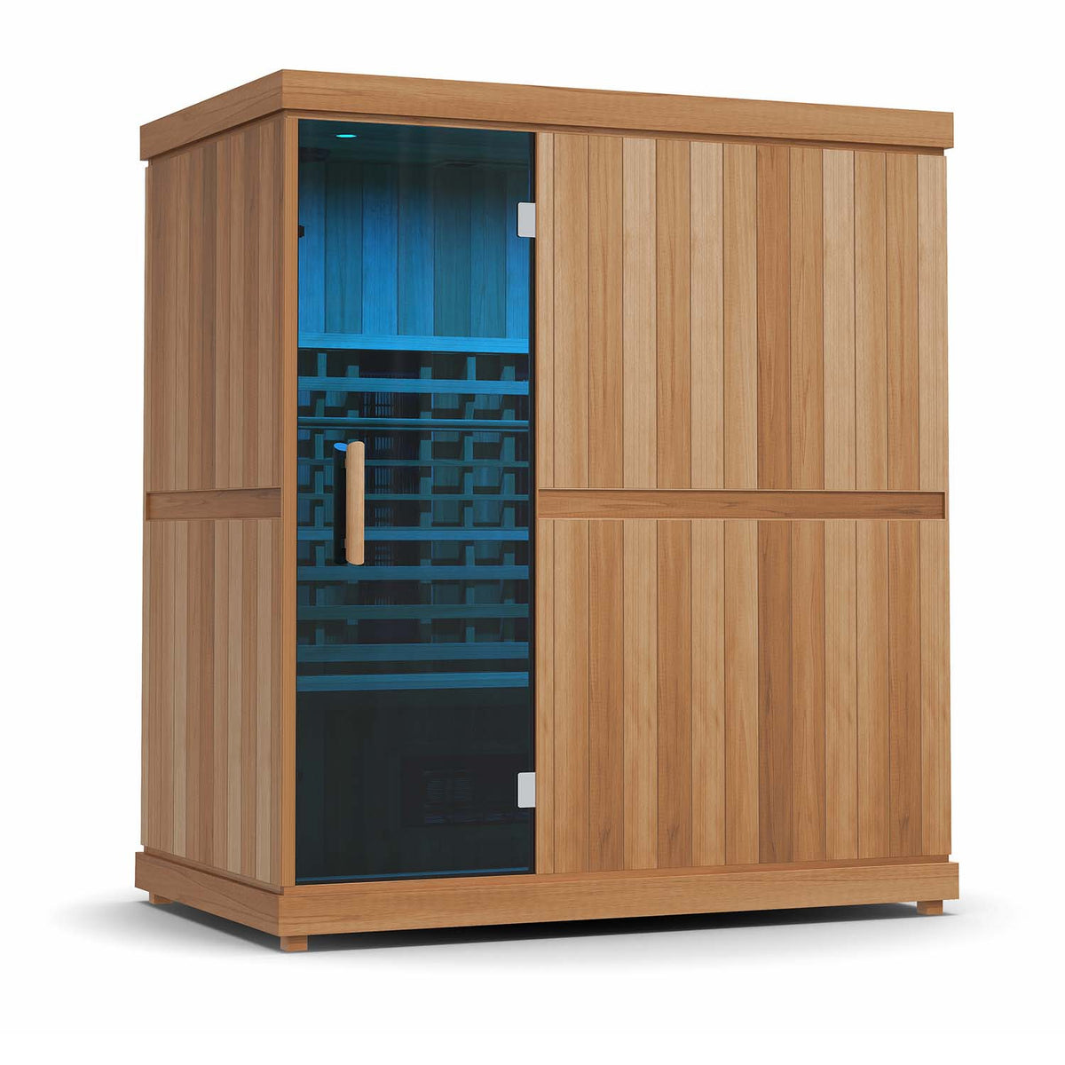 Finnmark FD-3 infrared sauna with the Spectrum LED ceiling lights set to blue