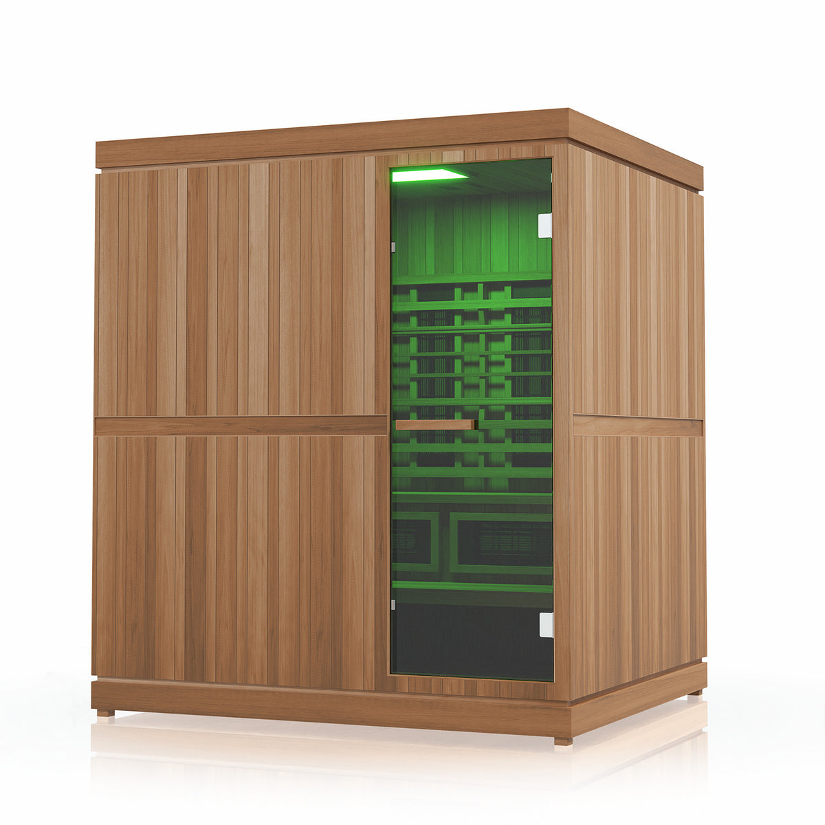 Finnmark FD-5 Trinity XL sauna with the Spectrum LED ceiling lights set to green