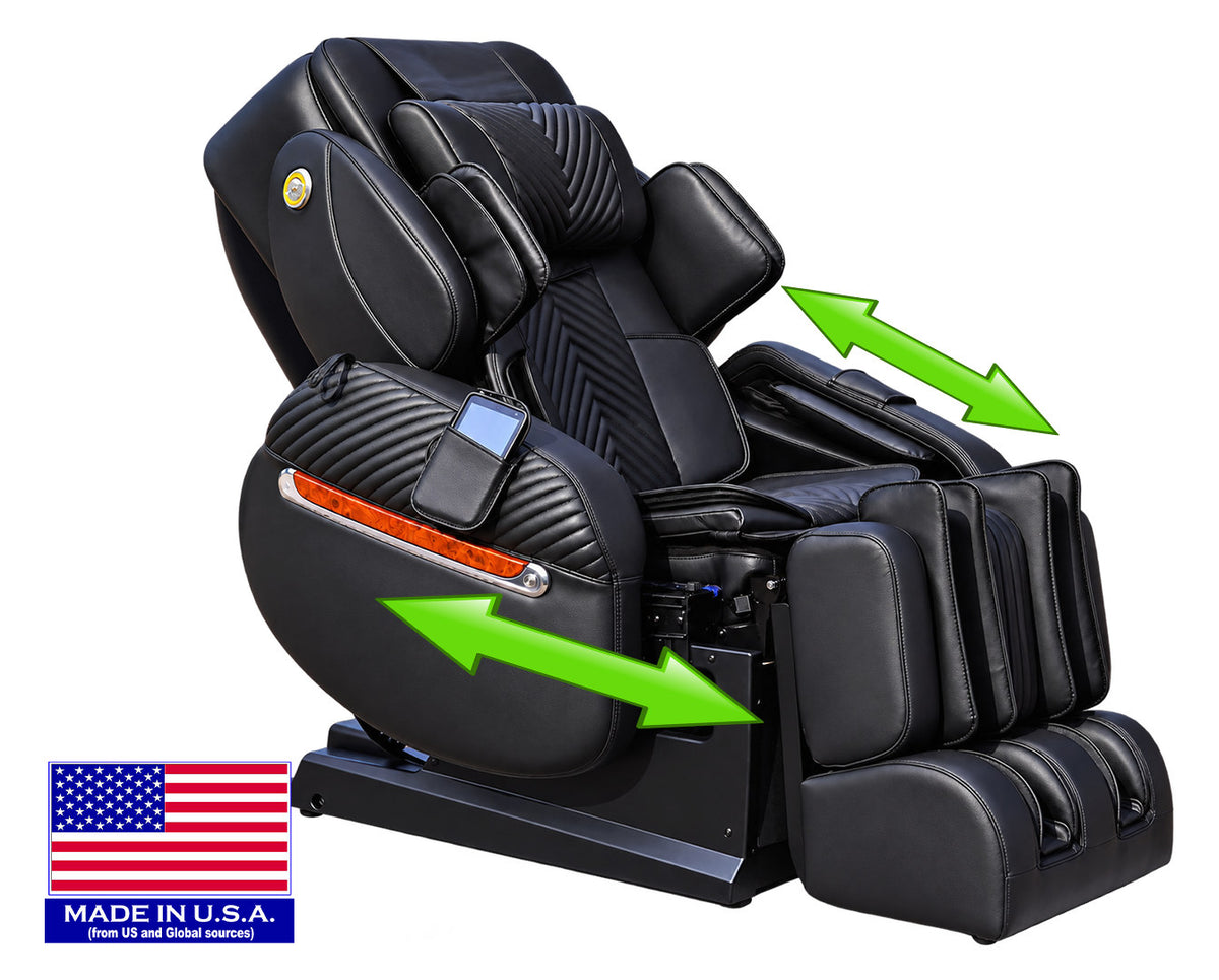 Luraco i11 in black with arrows showing both powered armrests sliding forward and back