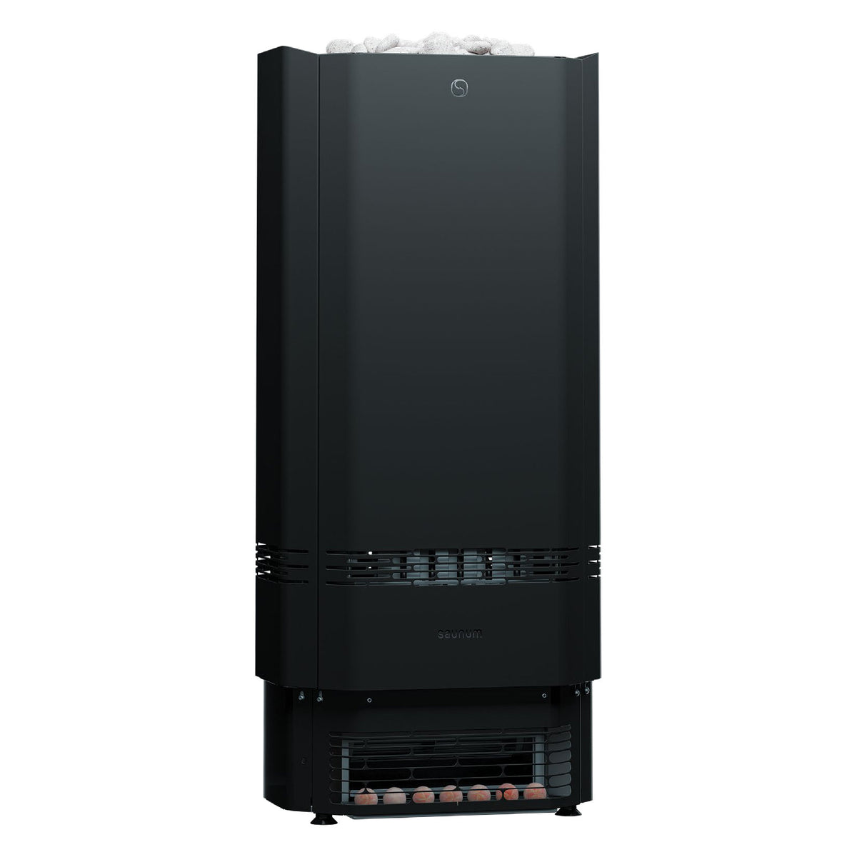 Saunum Air Perfect 10 sauna heater, straight front view with the stone top and the salt sphere window, on white
