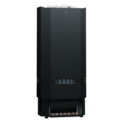 Saunum Air Perfect 10 sauna heater, straight front view with the stone top and the salt sphere window, on white