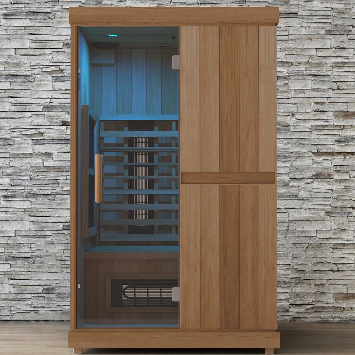 Finnmark FD-2 infrared sauna with the Spectrum LED ceiling lights set to blue