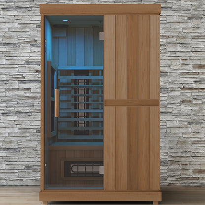 Finnmark FD-2 infrared sauna with the Spectrum LED ceiling lights set to blue