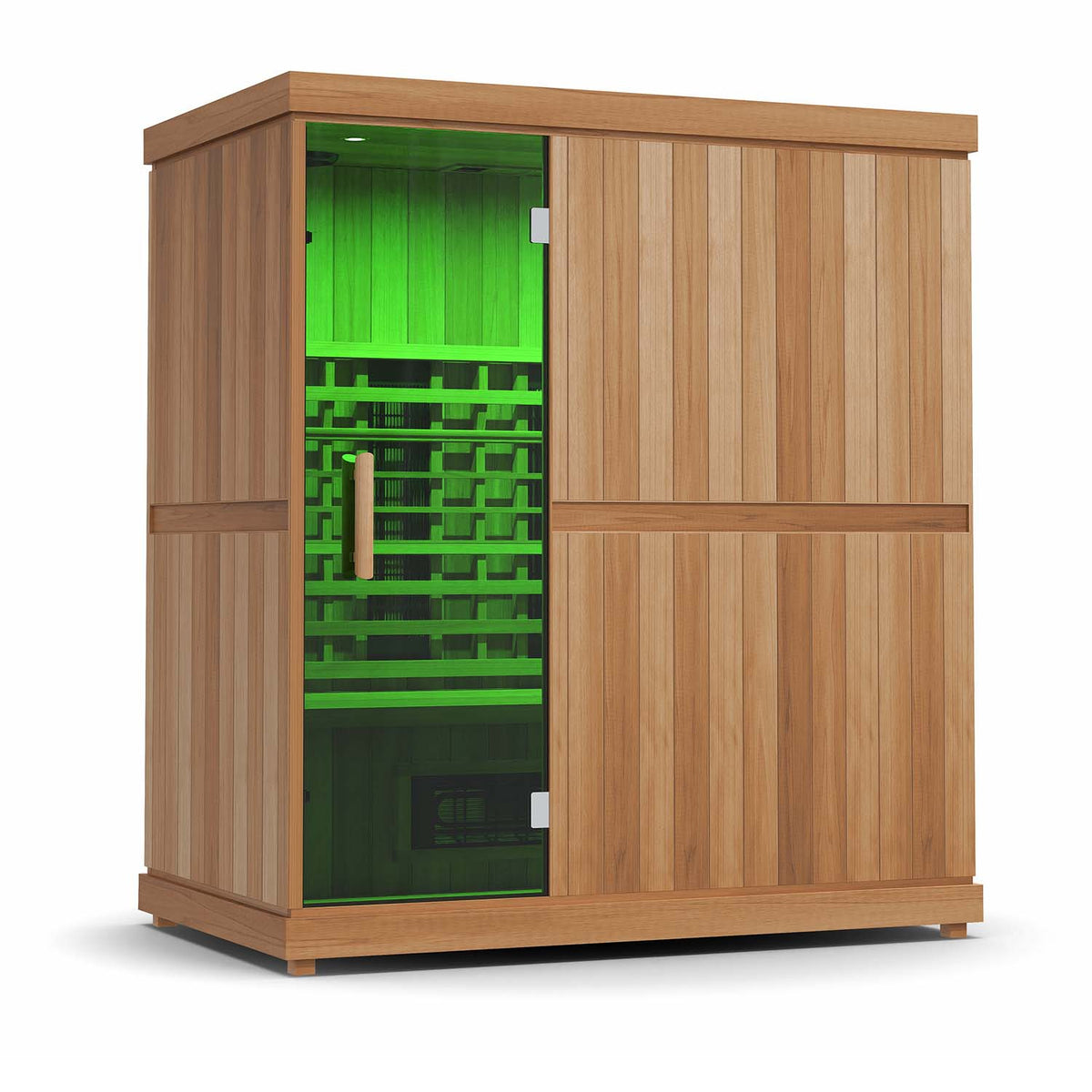 Finnmark FD-3 infrared sauna with the Spectrum LED ceiling lights set to green