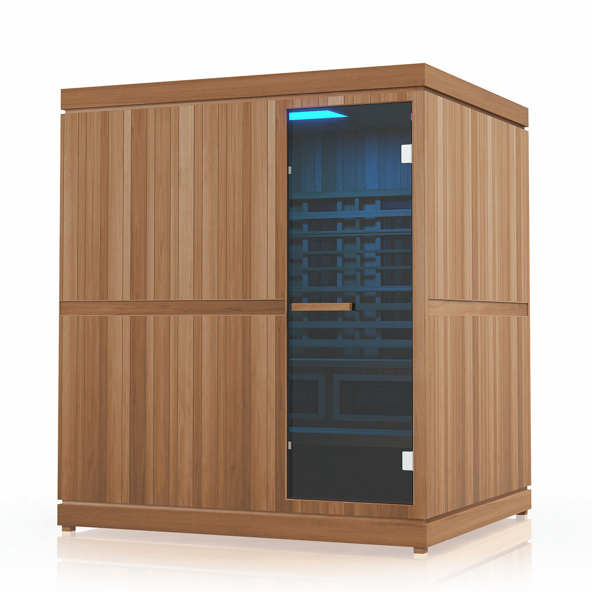 Finnmark FD-5 Trinity XL sauna with the Spectrum LED ceiling lights set to blue seen from the front
