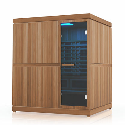 Finnmark FD-5 Trinity XL sauna with the Spectrum LED ceiling lights set to blue seen from the front