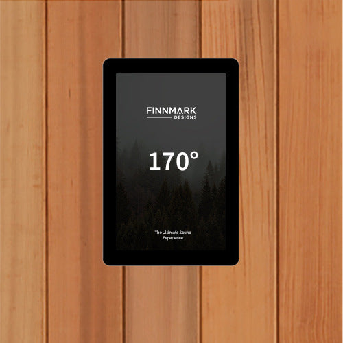 Finnmark Controller 2.0 touchscreen on the cedar wall of the FD-2 infrared sauna reading 170 degrees