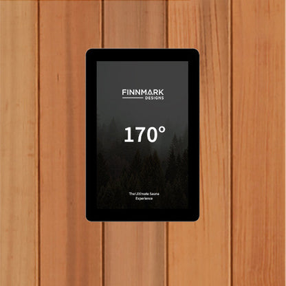 Finnmark Controller 2.0 touchscreen on the cedar wall of the FD-2 infrared sauna reading 170 degrees