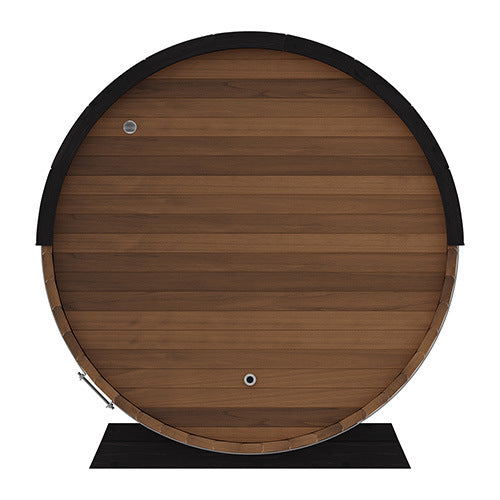 Rear elevation of the Finnmark FD-6 barrel sauna showing the solid cedar back panel