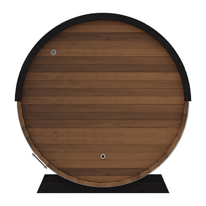 Rear elevation of the Finnmark FD-6 barrel sauna showing the solid cedar back panel