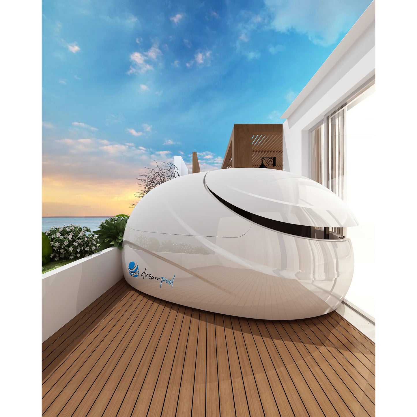 Dreampod V2 Float Pod — commercial float tank on luxury rooftop terrace