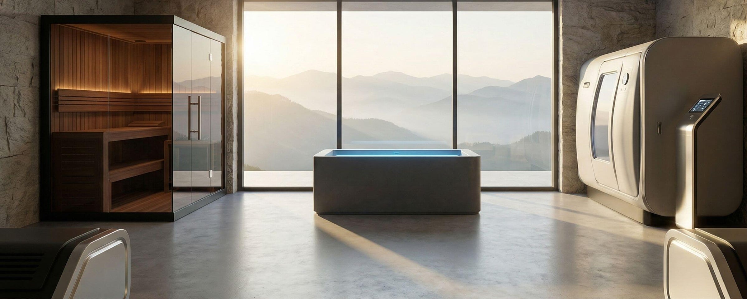 Luxury home recovery room with infrared sauna, cold plunge, and hyperbaric chamber