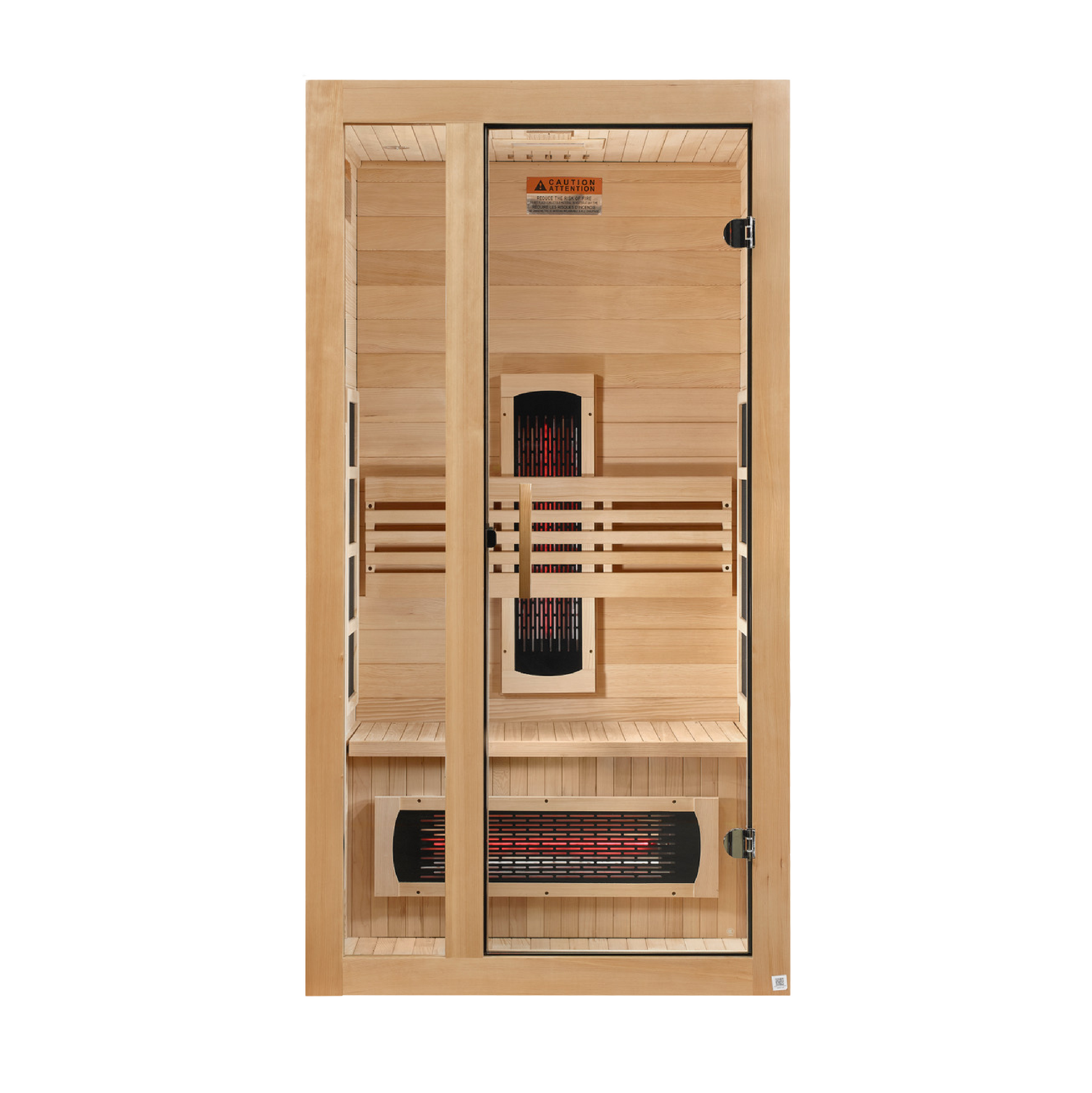 Front view of the Dynamic Gracia 1-2-Person Full Spectrum Near Zero EMF FAR Infrared Sauna (DYN-6119-03 FS) – full spectrum infrared sauna
