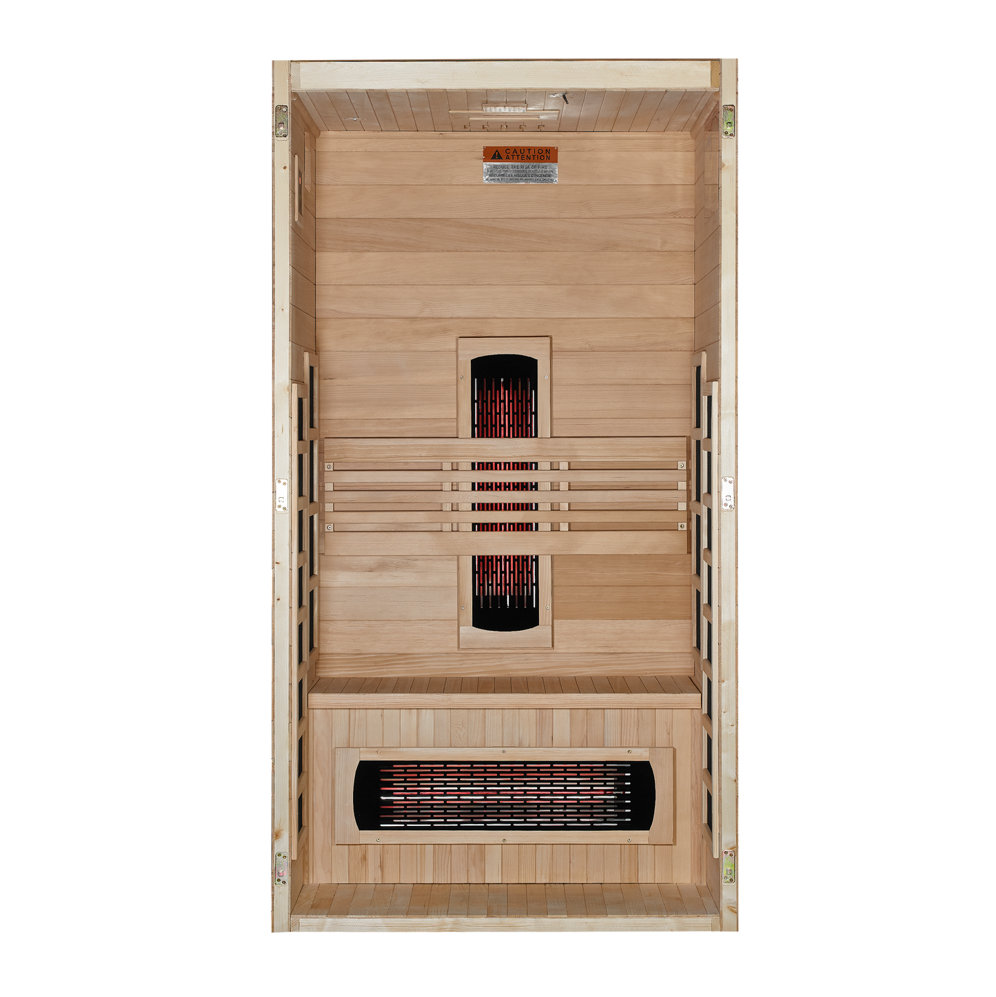 Interior view with front panel removed of the Dynamic Gracia 1-2-Person Full Spectrum Near Zero EMF FAR Infrared Sauna (DYN-6119-03 FS) – full spectrum infrared sauna