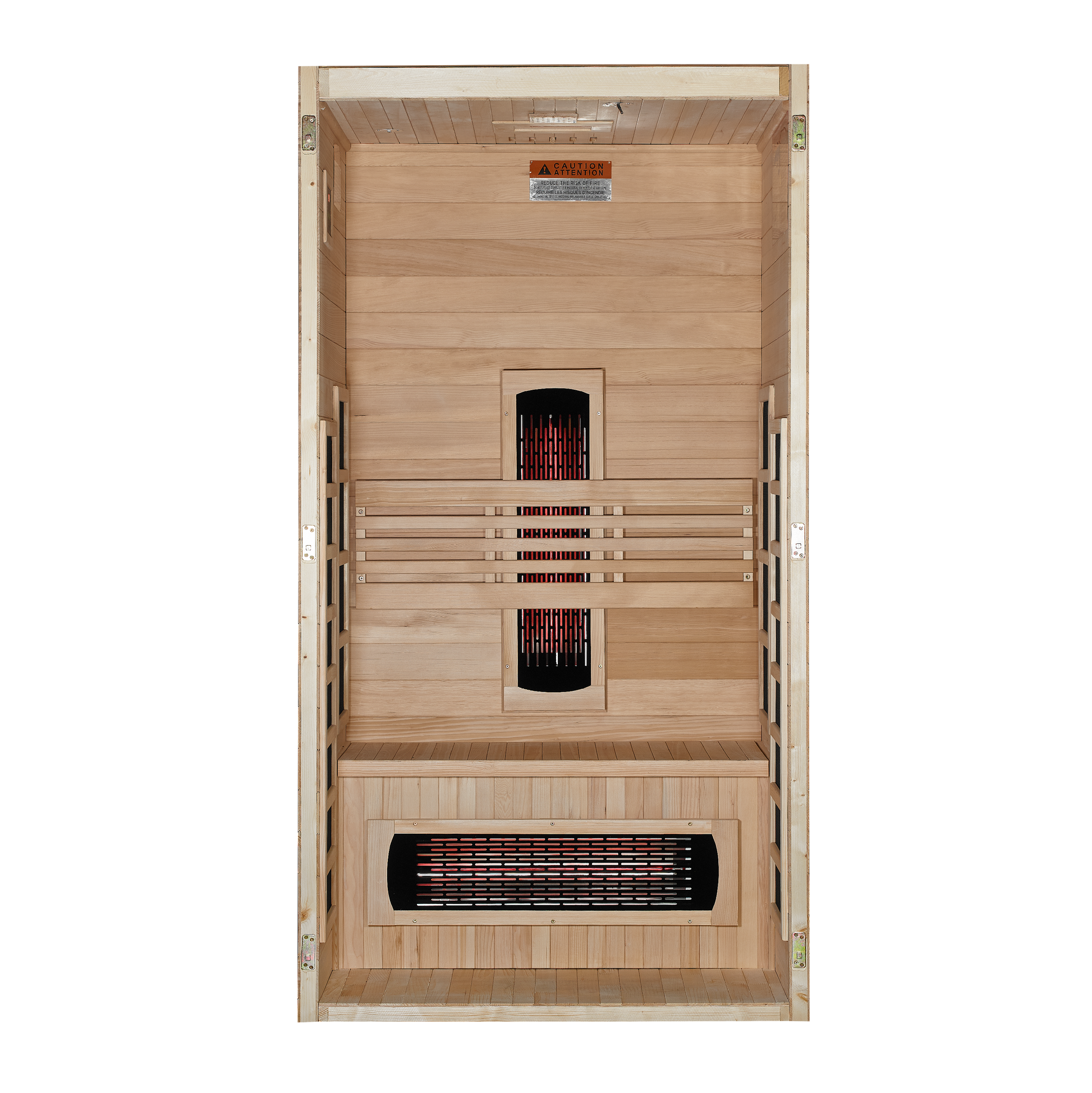 Interior view with front panel removed of the Dynamic Gracia 1-2-Person Full Spectrum Near Zero EMF FAR Infrared Sauna (DYN-6119-03 FS) – full spectrum infrared sauna
