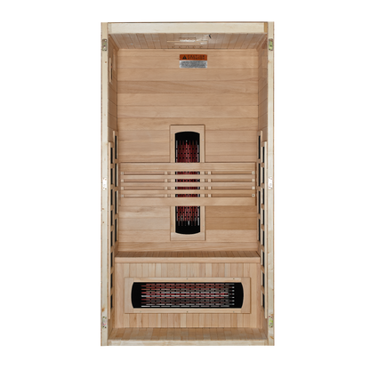 Interior view with front panel removed of the Dynamic Gracia 1-2-Person Full Spectrum Near Zero EMF FAR Infrared Sauna (DYN-6119-03 FS) – full spectrum infrared sauna