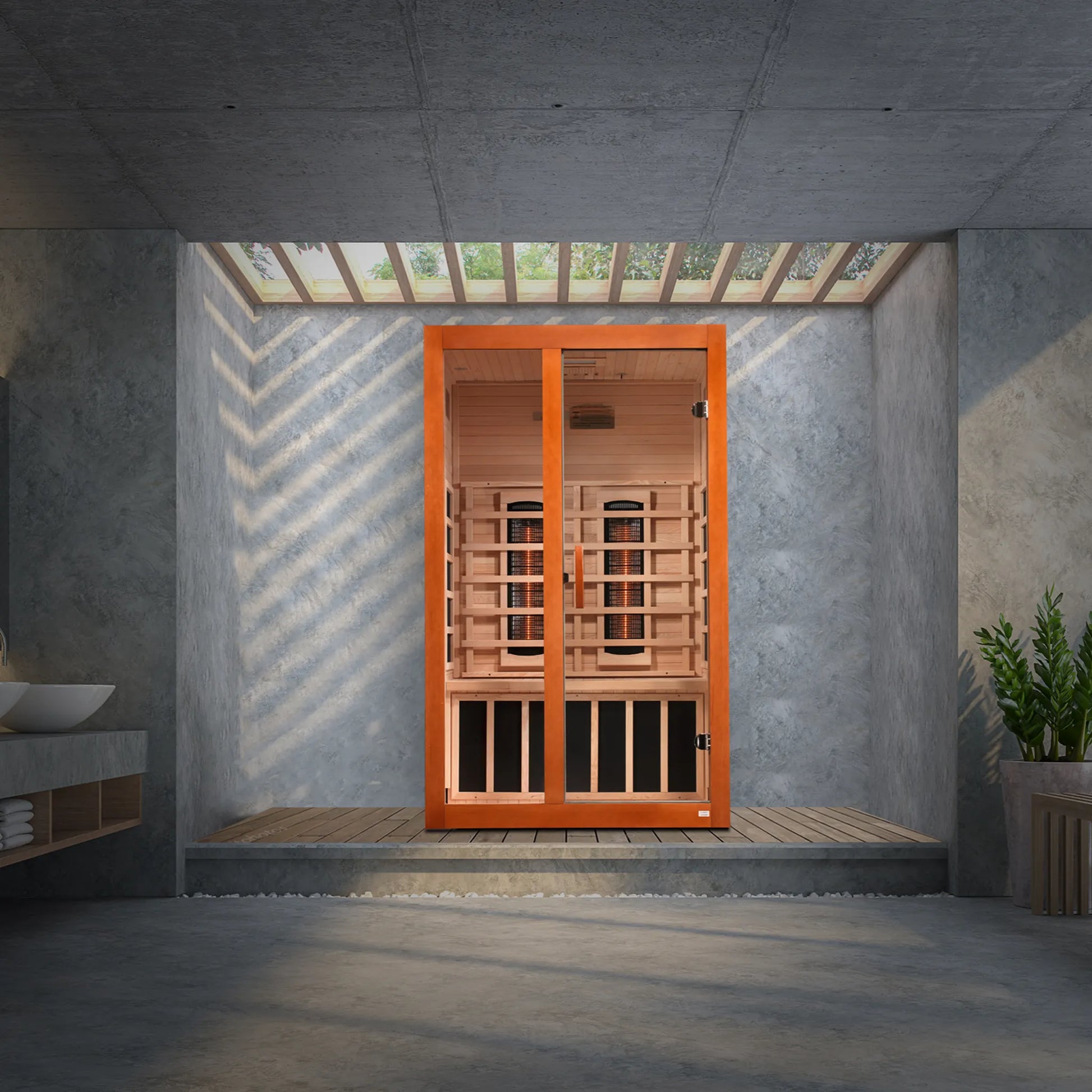 Front view of the Dynamic Santiago 2-Person Full Spectrum Near Zero EMF FAR Infrared Sauna (DYN-6209-03 FS) – full spectrum infrared sauna