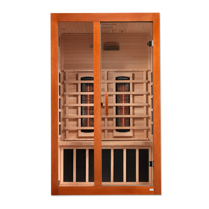 Front view of the Dynamic Santiago 2-Person Full Spectrum Near Zero EMF FAR Infrared Sauna (DYN-6209-03 FS) – full spectrum infrared sauna