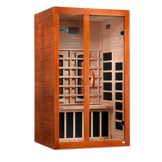 Front view of the Dynamic Santiago 2-Person Full Spectrum Near Zero EMF FAR Infrared Sauna (DYN-6209-03 FS) – full spectrum infrared sauna