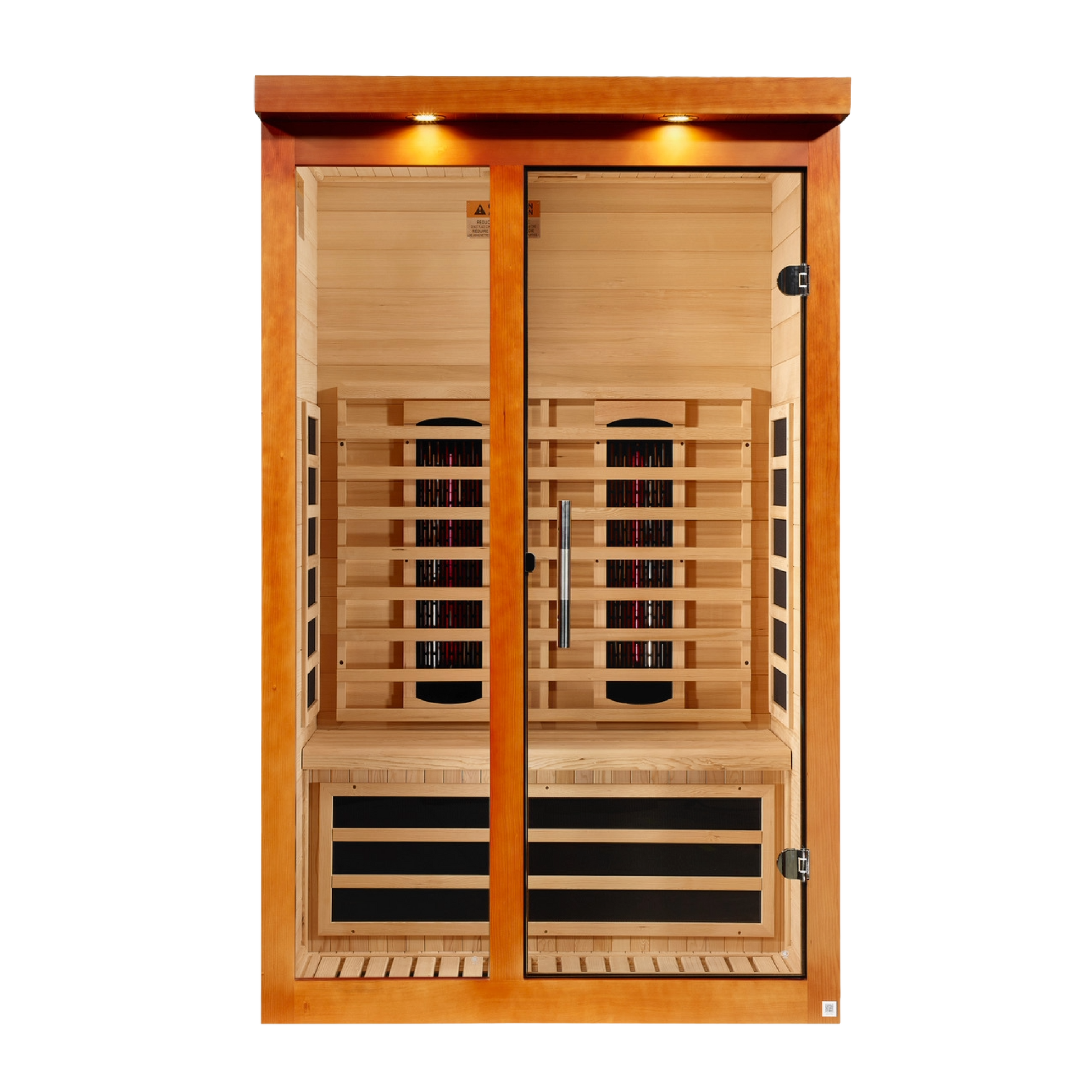 Front view of the Dynamic Llumeneres 2-Person Full Spectrum Near Zero EMF FAR Infrared Sauna (DYN-6215-03 FS) – full spectrum infrared sauna