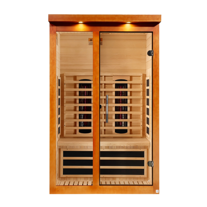 Front view of the Dynamic Llumeneres 2-Person Full Spectrum Near Zero EMF FAR Infrared Sauna (DYN-6215-03 FS) – full spectrum infrared sauna