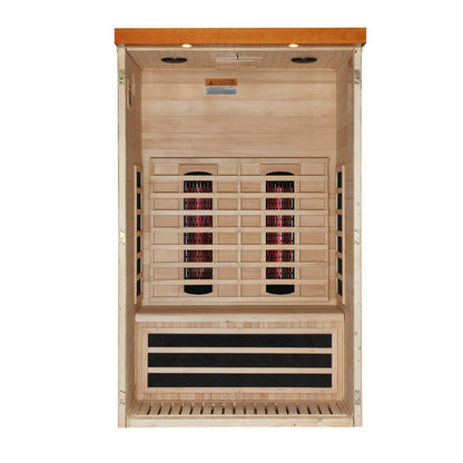 Interior view with front panel removed of the Dynamic Llumeneres 2-Person Full Spectrum Near Zero EMF FAR Infrared Sauna (DYN-6215-03 FS) – full spectrum infrared sauna