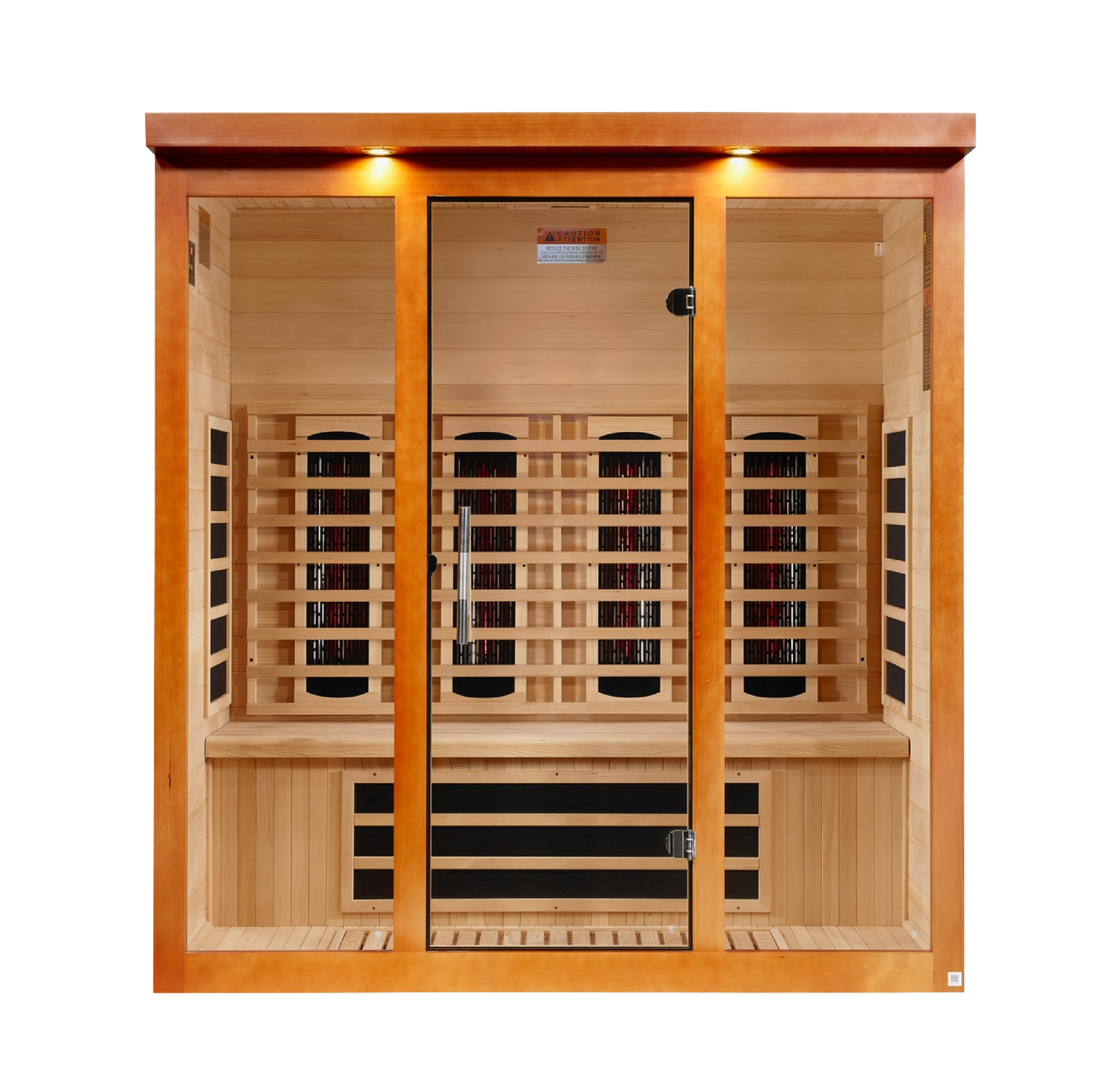 Front view of the Dynamic Vila Grande 4-Person Full Spectrum Near Zero EMF FAR Infrared Sauna (DYN-6415-03 FS) – full spectrum infrared sauna