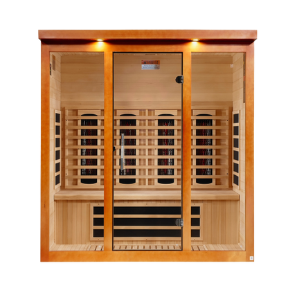Front view of the Dynamic Vila Grande 4-Person Full Spectrum Near Zero EMF FAR Infrared Sauna (DYN-6415-03 FS) – full spectrum infrared sauna