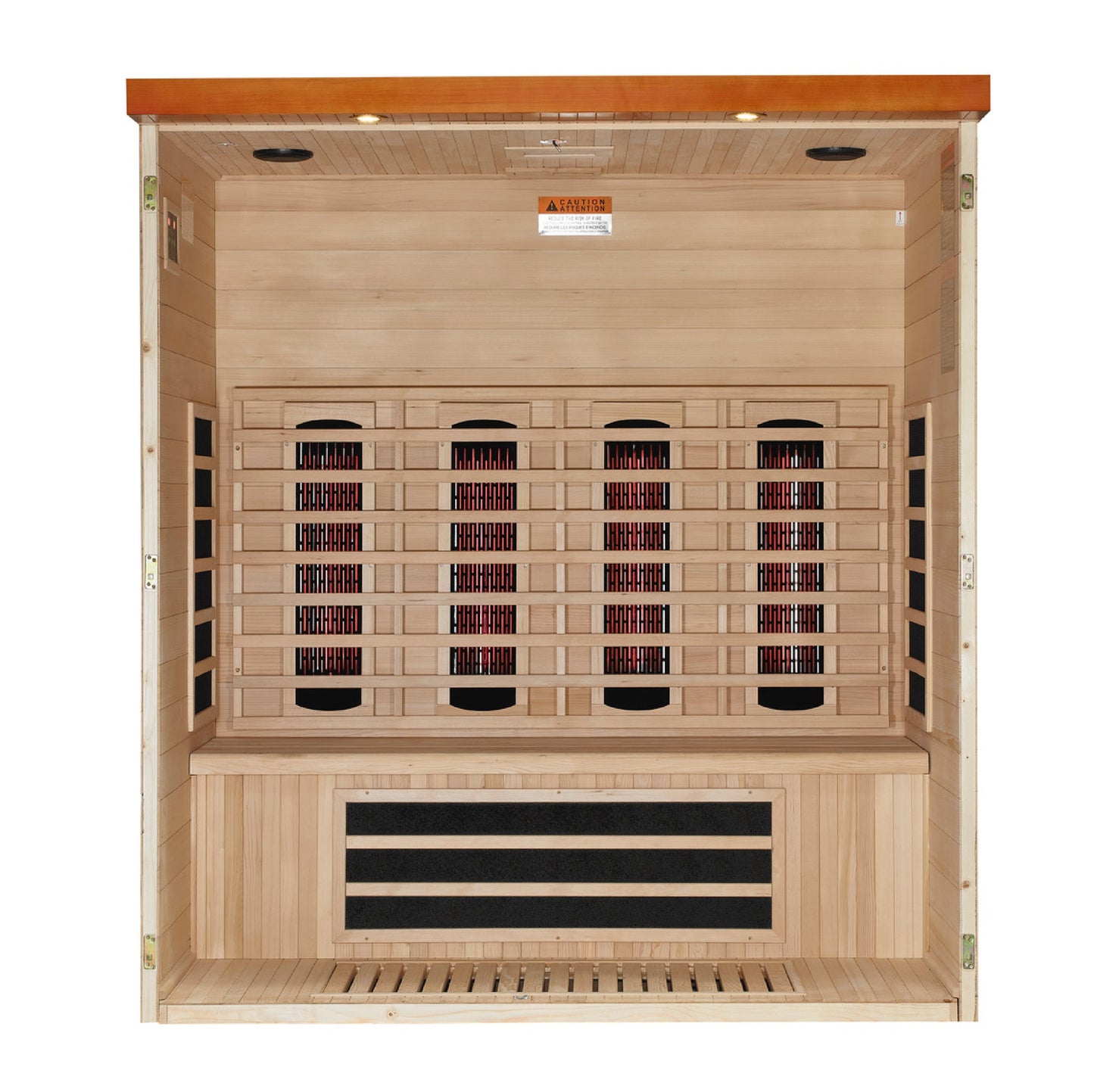 Interior view with front panel removed of the Dynamic Vila Grande 4-Person Full Spectrum Near Zero EMF FAR Infrared Sauna (DYN-6415-03 FS) – full spectrum infrared sauna