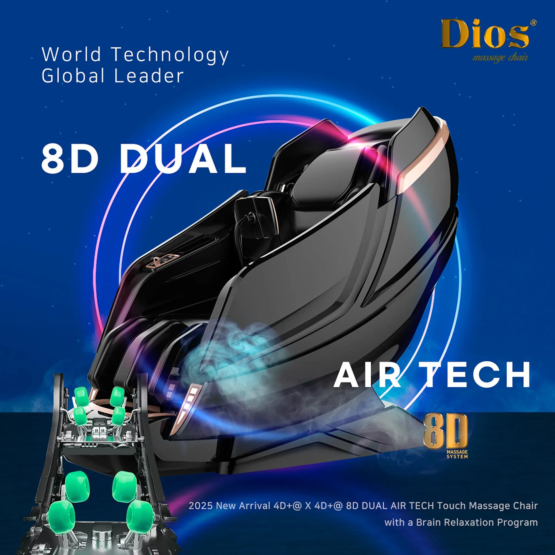 Kahuna dios 1288 Massage chair with 8D Dual Air Tech technology on a blue background.