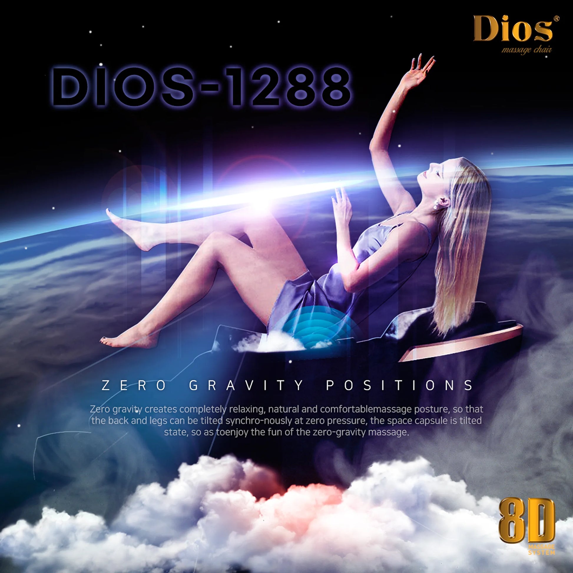 Advertisement for Dios massage chair with a woman in zero gravity position, Earth in the background