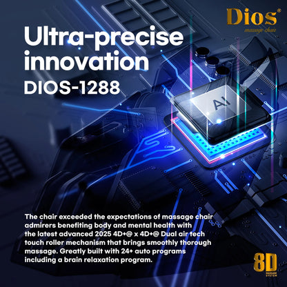Advertisement for a kahuna dios-1288 massage chair with advanced technology features, including text about ultra-precise innovation and product specifications.