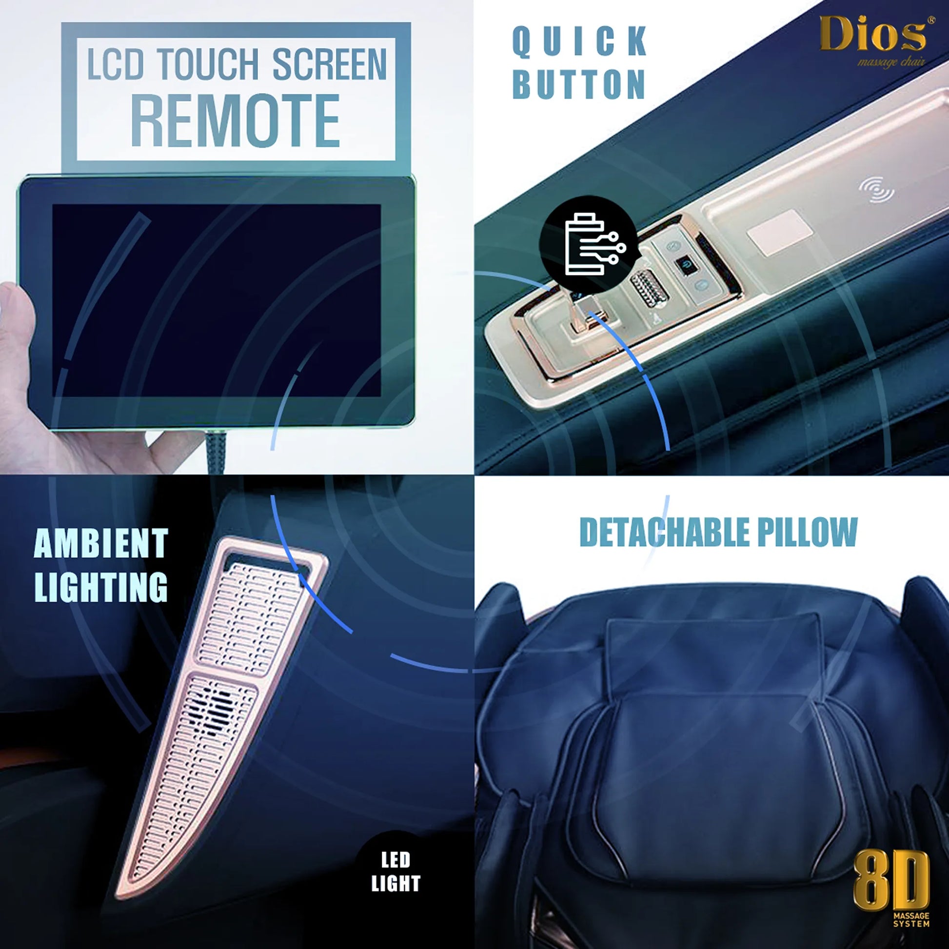 Product features including LCD touch screen remote, quick button, ambient lighting, and detachable pillow on a blue background.