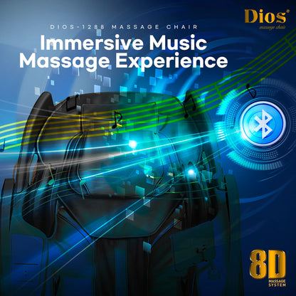 Massage chair with 8D music system on a blue background, featuring the 'Dios' massage chair.