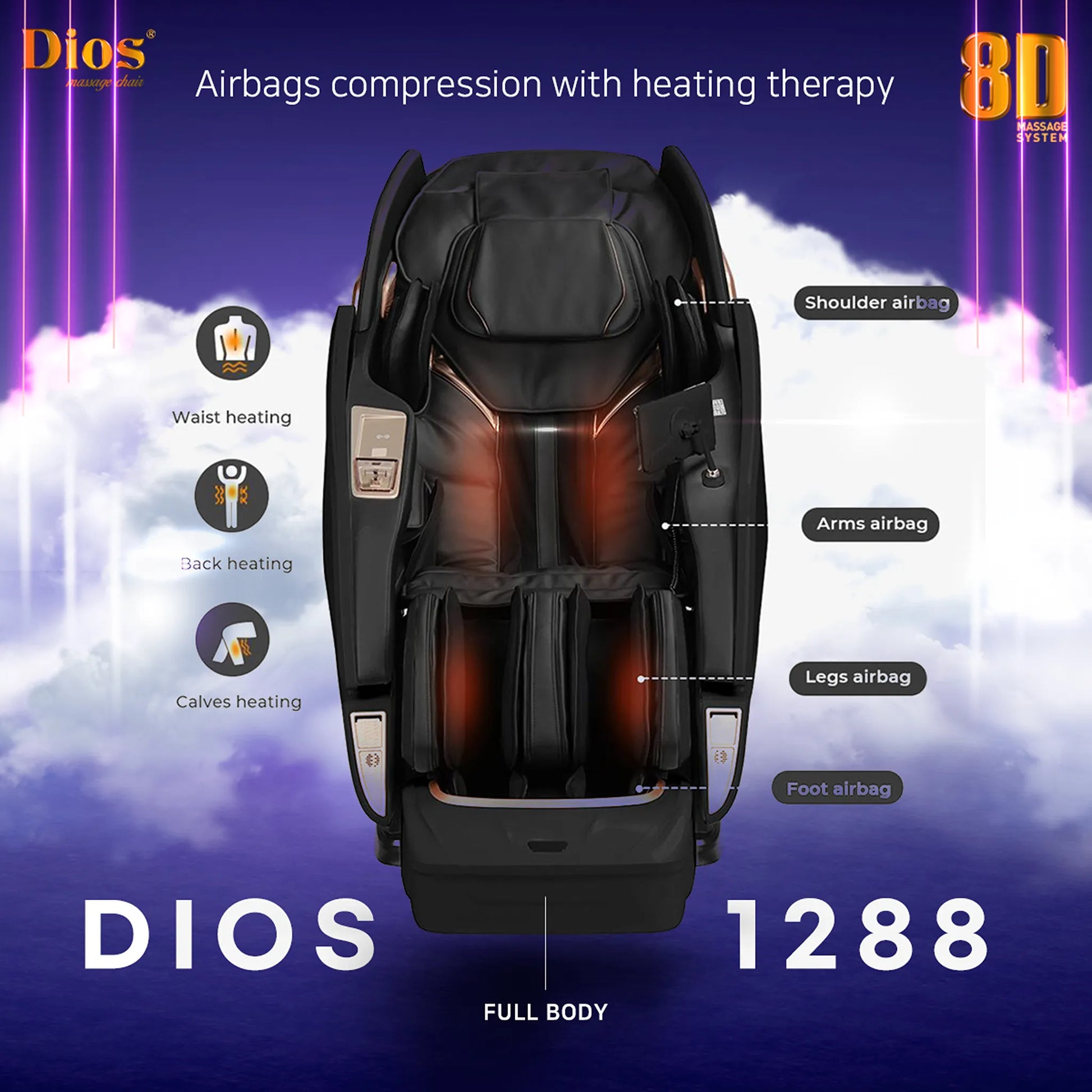 Kahuna dios Massage chair with airbag compression and heating therapy on a cloud background