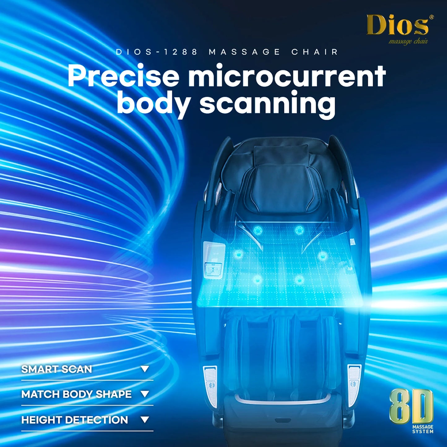 Kahuna dios Massage chair with blue light effects and text highlighting precise microcurrent body scanning technology.