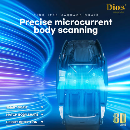 Kahuna dios Massage chair with blue light effects and text highlighting precise microcurrent body scanning technology.