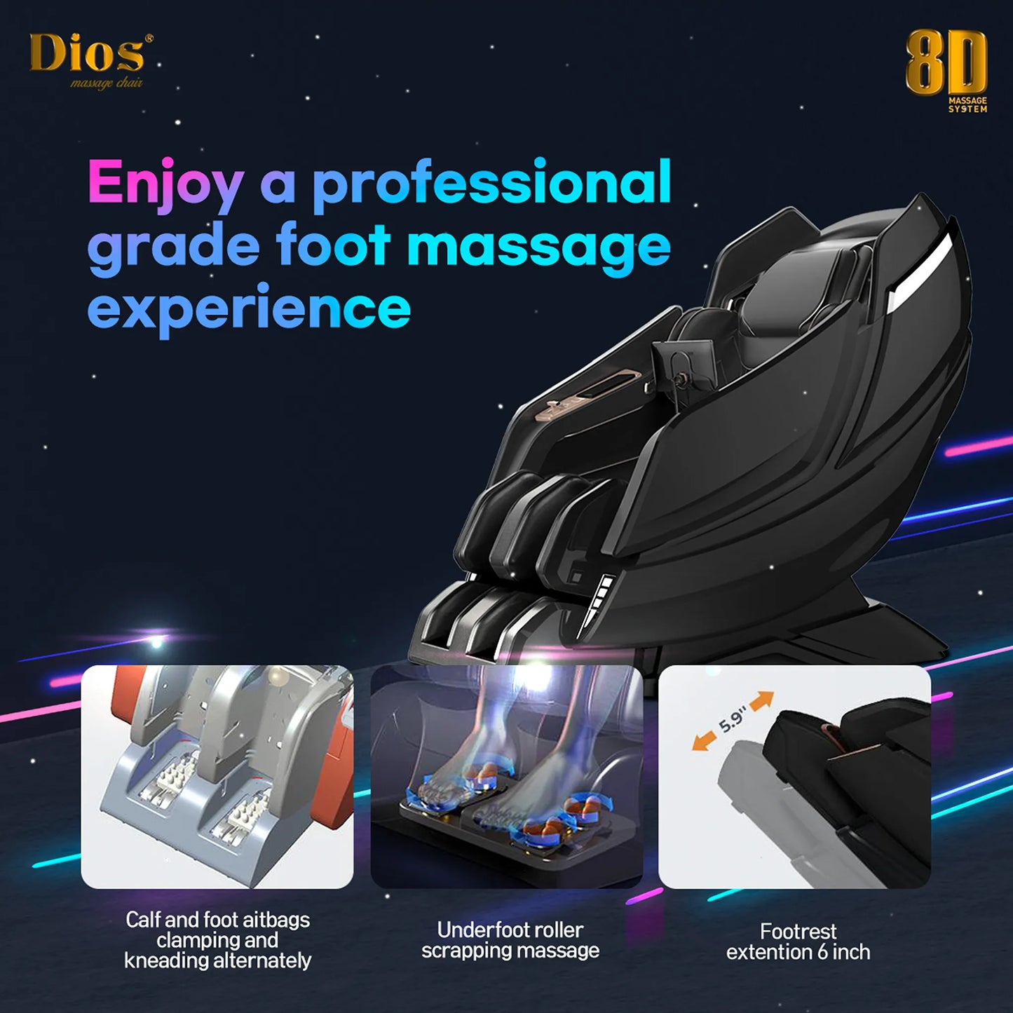 dios 8D Massage chair with text highlighting professional-grade foot massage experience on a dark background.