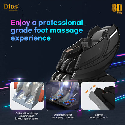 dios 8D Massage chair with text highlighting professional-grade foot massage experience on a dark background.