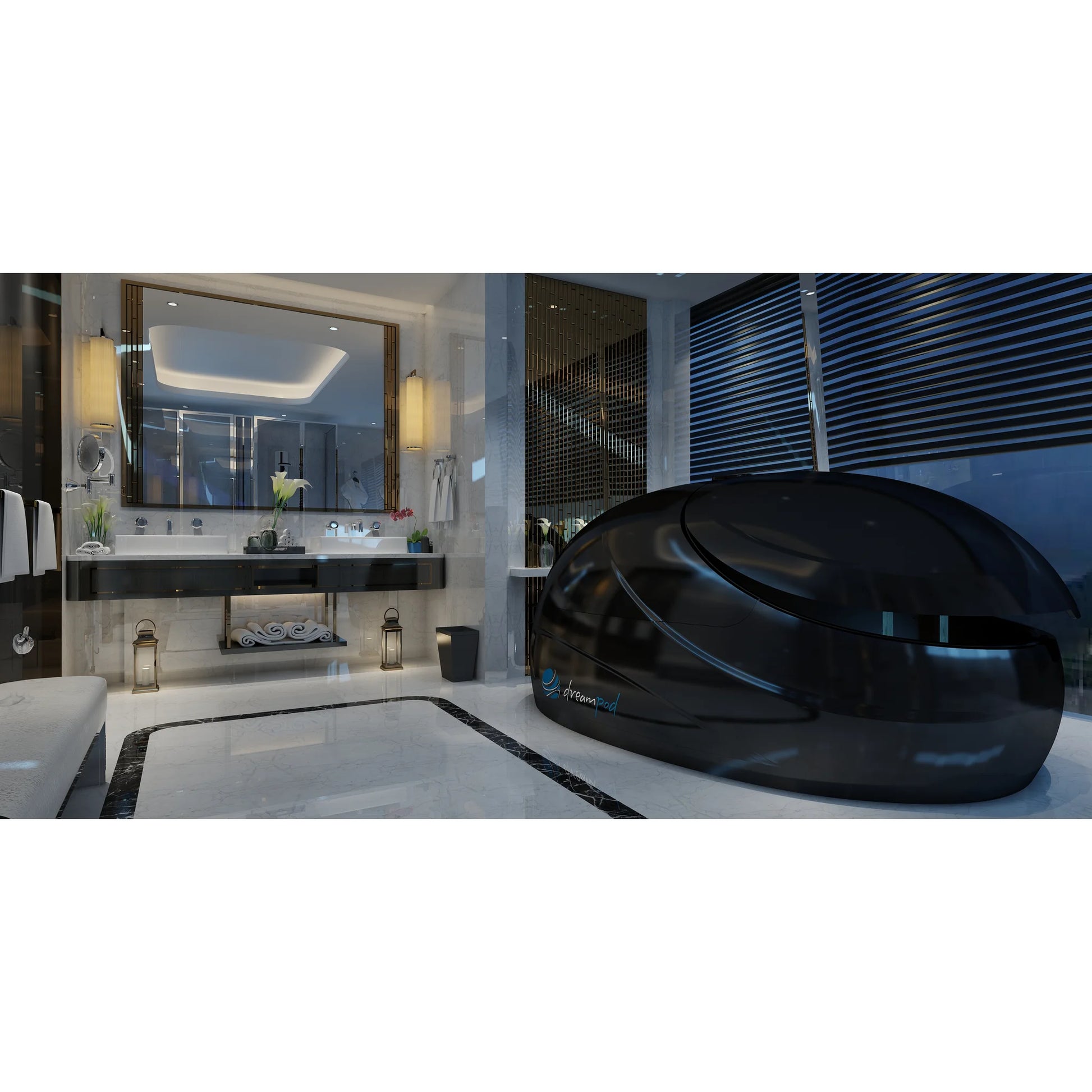 Dreampod V2 Float Pod — Stealth Black finish in penthouse interior