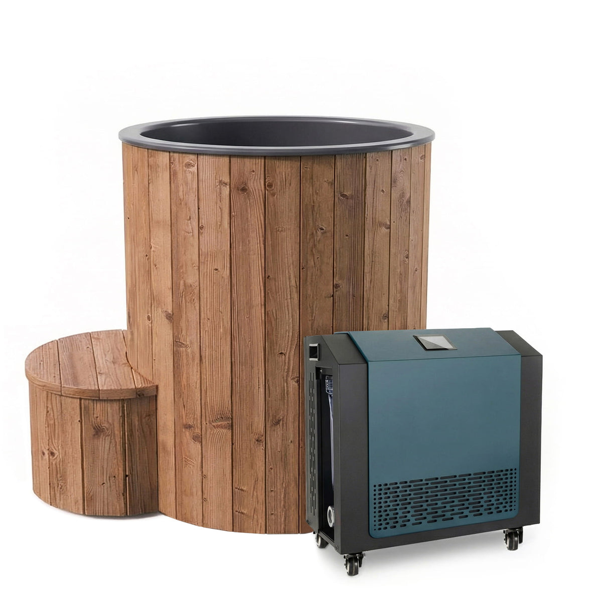 SaunaLife S1 tub and chiller package, natural finish