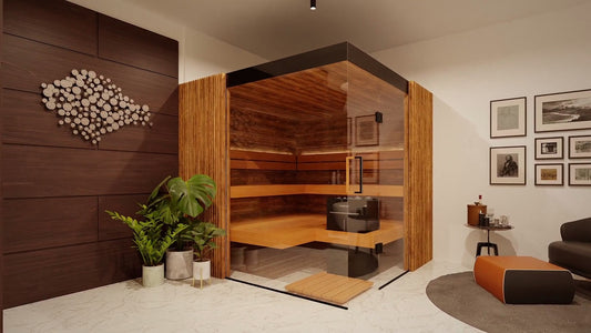 ThermaSol Aalto indoor sauna cabin installed in a finished room, three quarter view